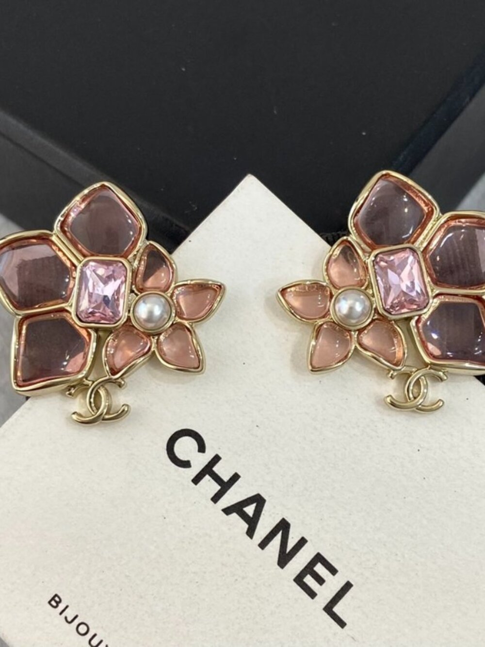 Chanel-Style Pink Crystal Pearl Flower Stud Earrings, Sweet Girl Essential